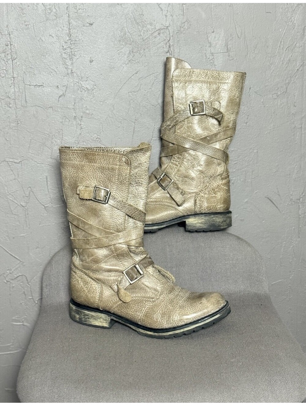Steve Madden Banddit Taupe Leather Motto Strappy Boots Size 8